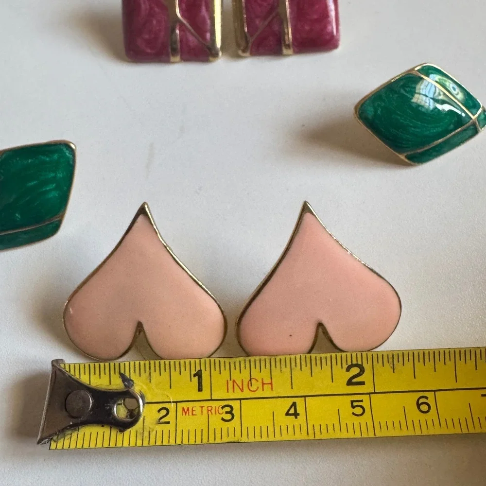 Vintage Enamel Stud Earring Set 3 Pairs Heart Square Diamond Gold Tone Multi